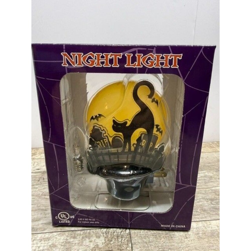 Halloween Night light Cat in Graveyard Orange Moon Wall Mount Plug In